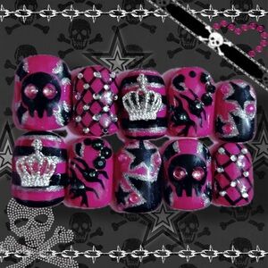Hot pink skull bling y2k nails